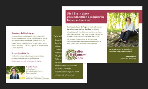 Flyer A5: Beatrice Feusi legt Wert auf Barrierefreiheit. Um möglichst keinen Teil der Leserschaft auszuschliessen, ist es bei der Gestaltung von Drucksachen von grosser Bedeutung, die wichtigsten Regeln zur Barrierefreiheit zu beachten. Es kann sehr knifflig werden, die richtige Balance zwischen optimaler Lesbarkeit und ansprechender Grafik zu finden.
