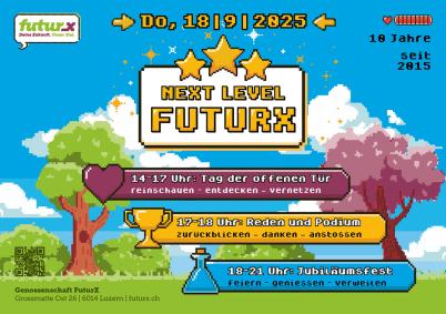 FuturX bringt ihre Schülerinnen und Schüler – und sich selbst – aufs nächste Level. Diese Idee spiegelt sich in der von der Gamingwelt inspirierten Bildsprache wider